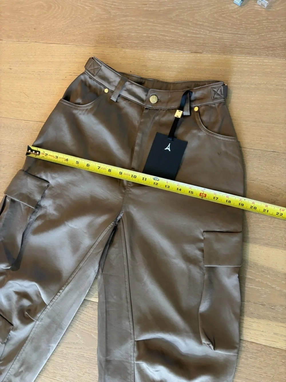 Maniere De Voir Emilie Satin High Waisted Cargo Pants Dark Olive Wide Leg Zip 0 - Picture 15 of 17